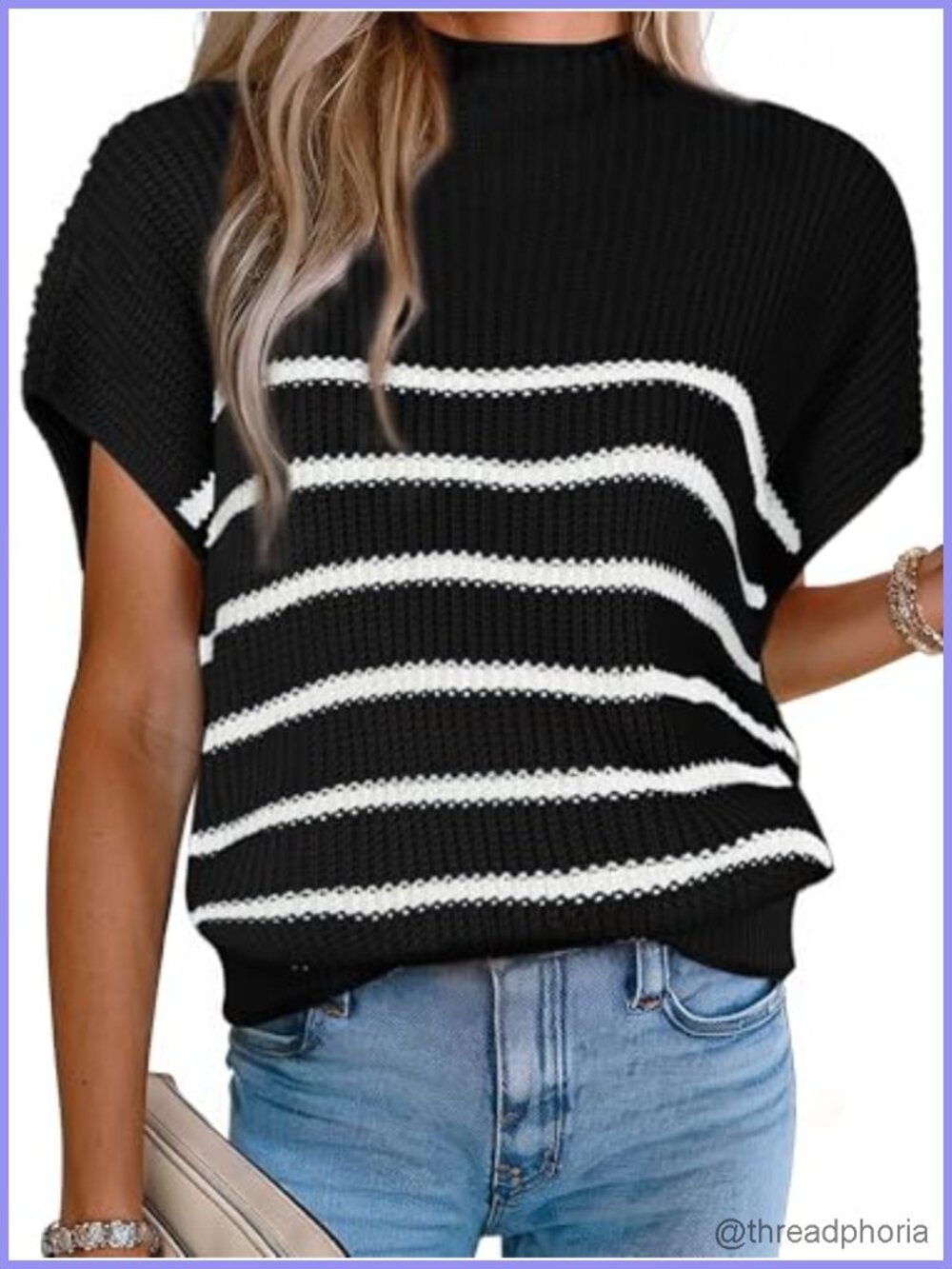 Mock Neck Striped Sweater Vest Cap Sleeve Knit Pullover